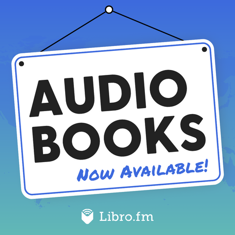 Sign on shop window saying Audio Books Now Available with logo got Libro.fm