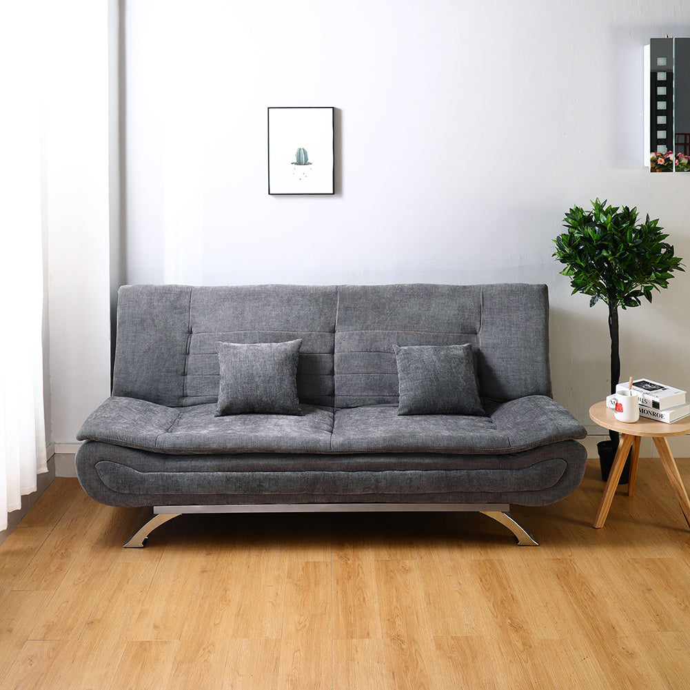 190cm Wide Grey 3 Seater Sofa Linen Convertible Sofa Bed with 2 Pillows
