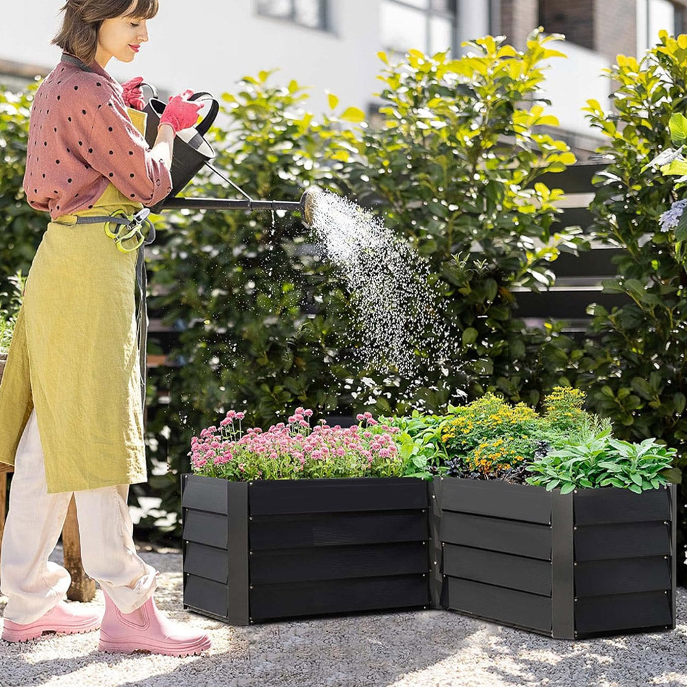 Charcoal Black Outdoor Metal L-Shaped Raised Garden Bed from Garden Sanctuary