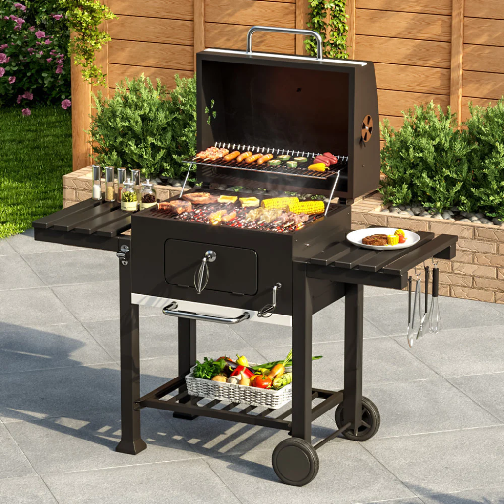 Image of 138CM Wide Charcoal BBQ Grill with Side Shelves