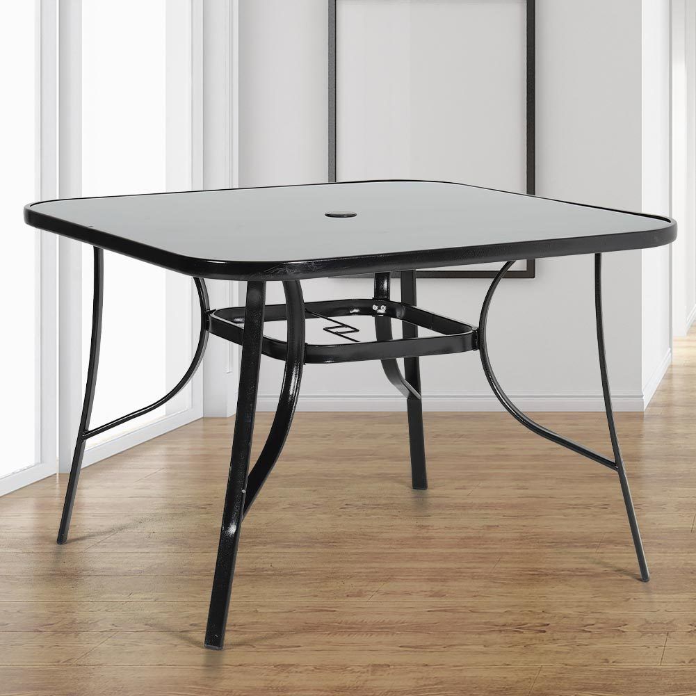 Metal Square Outdoor Dining Table with Tempered Glass Top