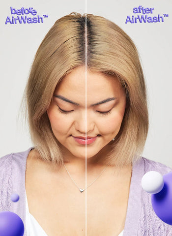 A split image showing a woman's hair before and after using Simply Colour Hair Salon Studio & Online Store's K18 AirWash Dry Shampoo. The "before" side appears dull, while the "after" side looks shiny and smooth, showcasing how the dry shampoo reduces oil for vibrant results.