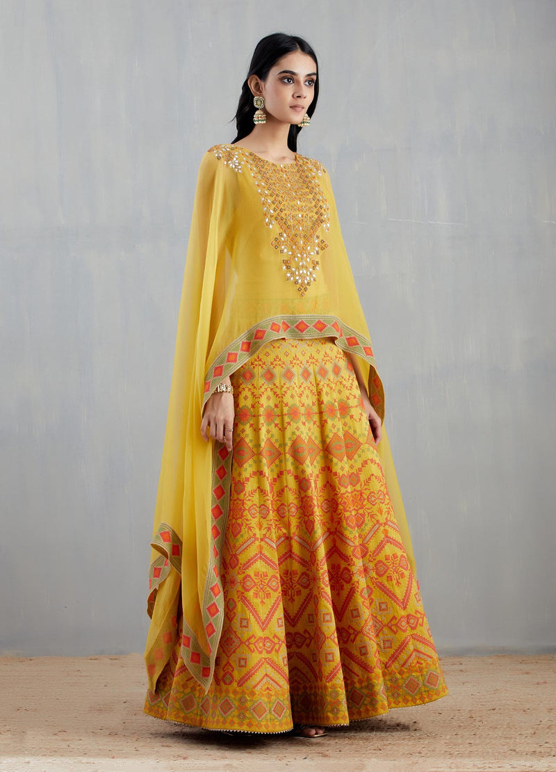 Yellow Embroidered Cape with Skirt