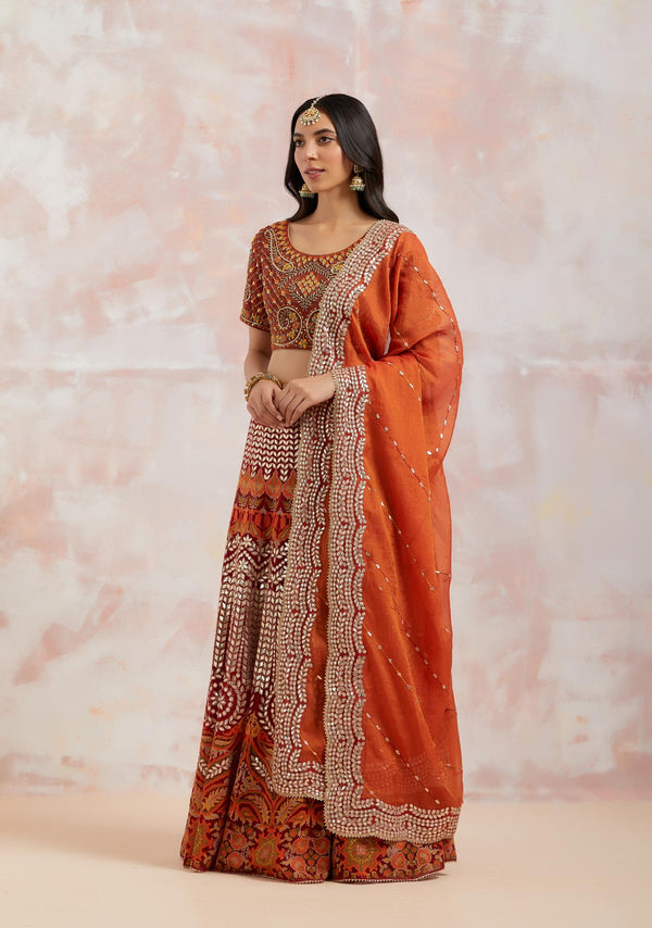 Buy Maroon and Orange Printed Embroidered Lehenga Online in USA – Pure  Elegance