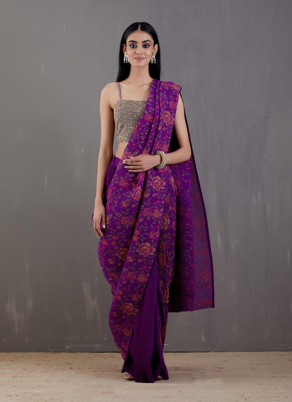 Buy Sara By Me Purple Plain Georgette Lace Saree With Golden Blouse at  Amazon.in