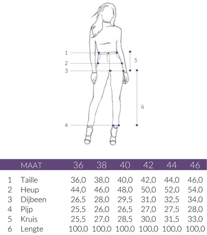 Lange vrouwen legging lyra maattabel