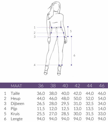 Lange vrouwen legging lyrette maattabel