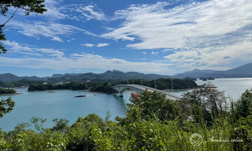 テラスの奥には展望所があり、少し山道を行くと3号橋(さんごうきょう)と海と山の景色が広がります。