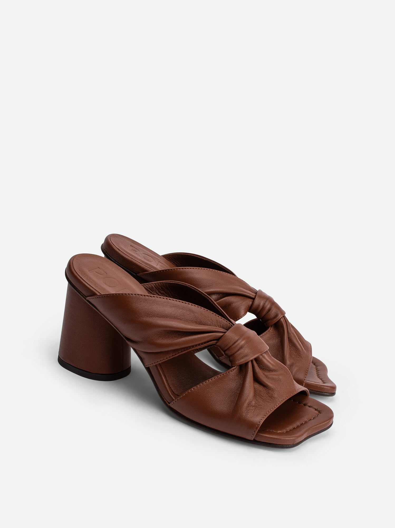 Fleur Chocolate Leather Heel Mules - Angled Side View - POEVE Collection