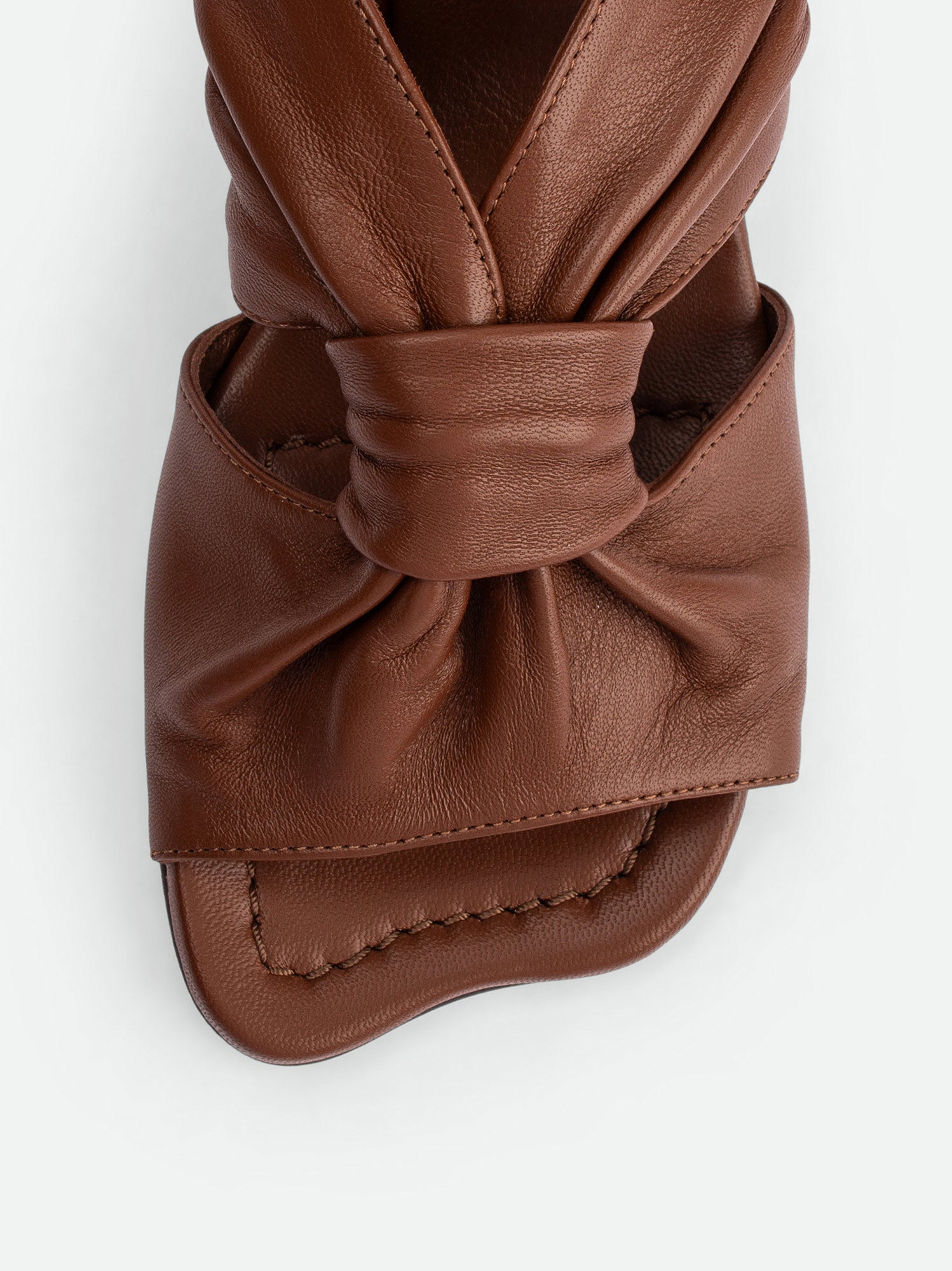 Fleur Chocolate Leather Heel Mules - Toe Close-up View - POEVE Collection