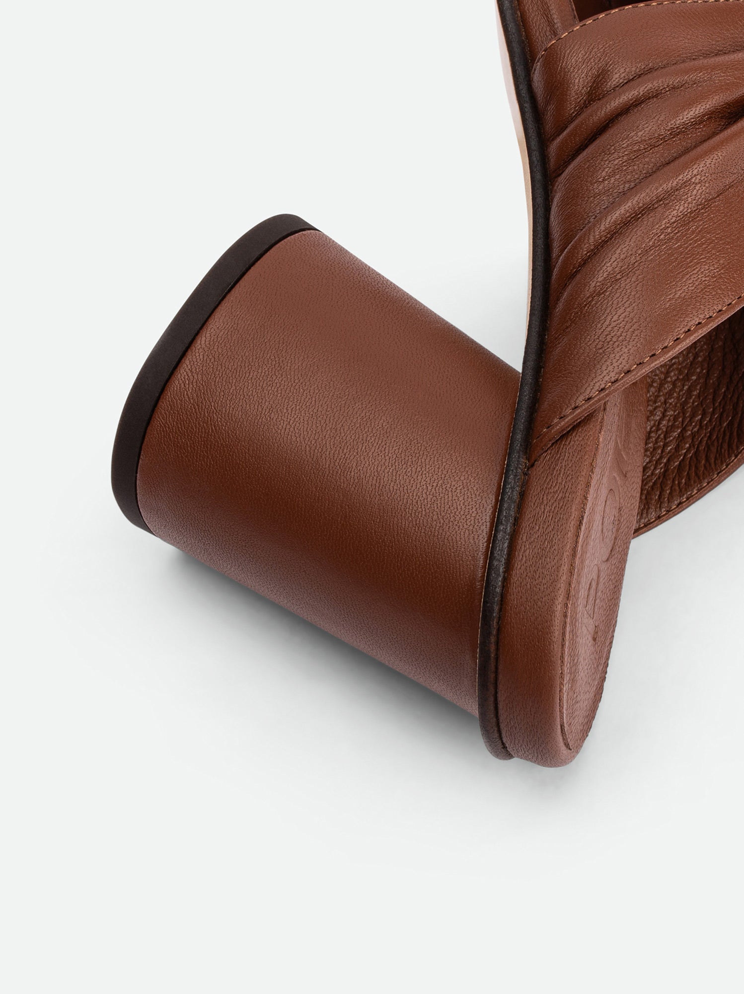 Fleur Chocolate Leather Heel Mules - Heel Close-up View - POEVE Collection