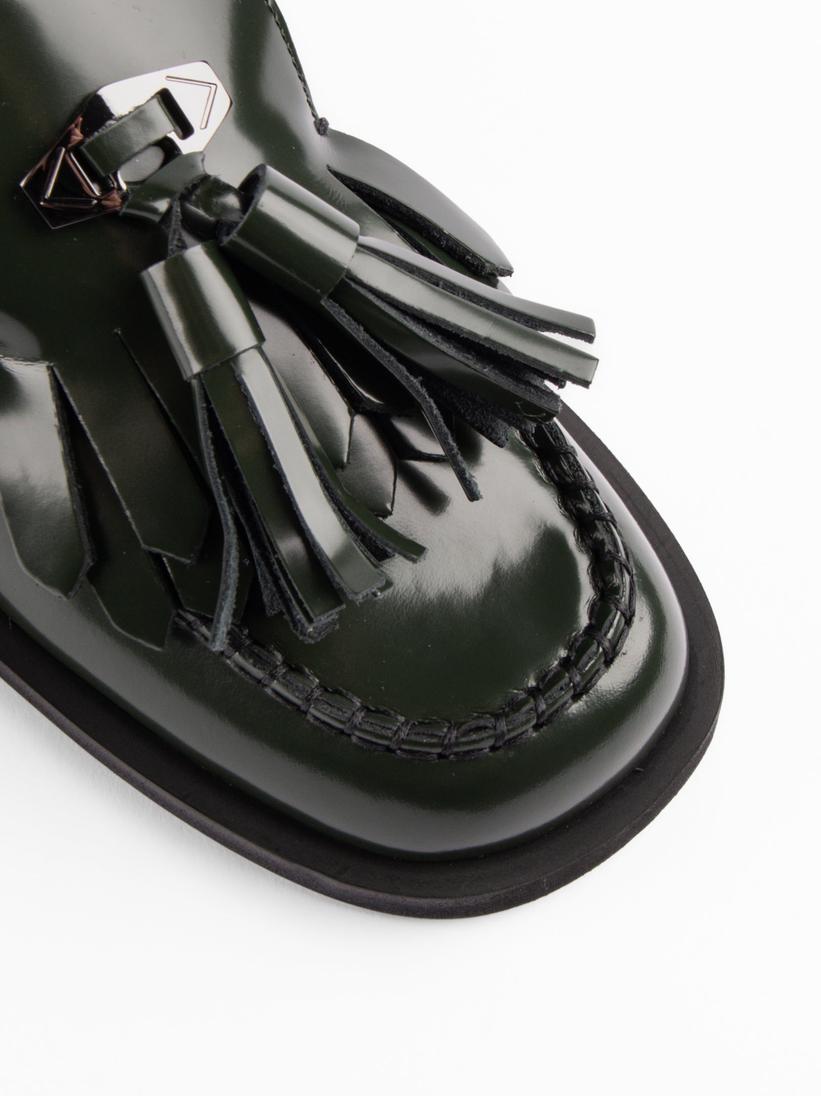 Phoenix Green Brushed Leather Loafers with Leather Tassels - Toe Close-up View - POEVE Collection