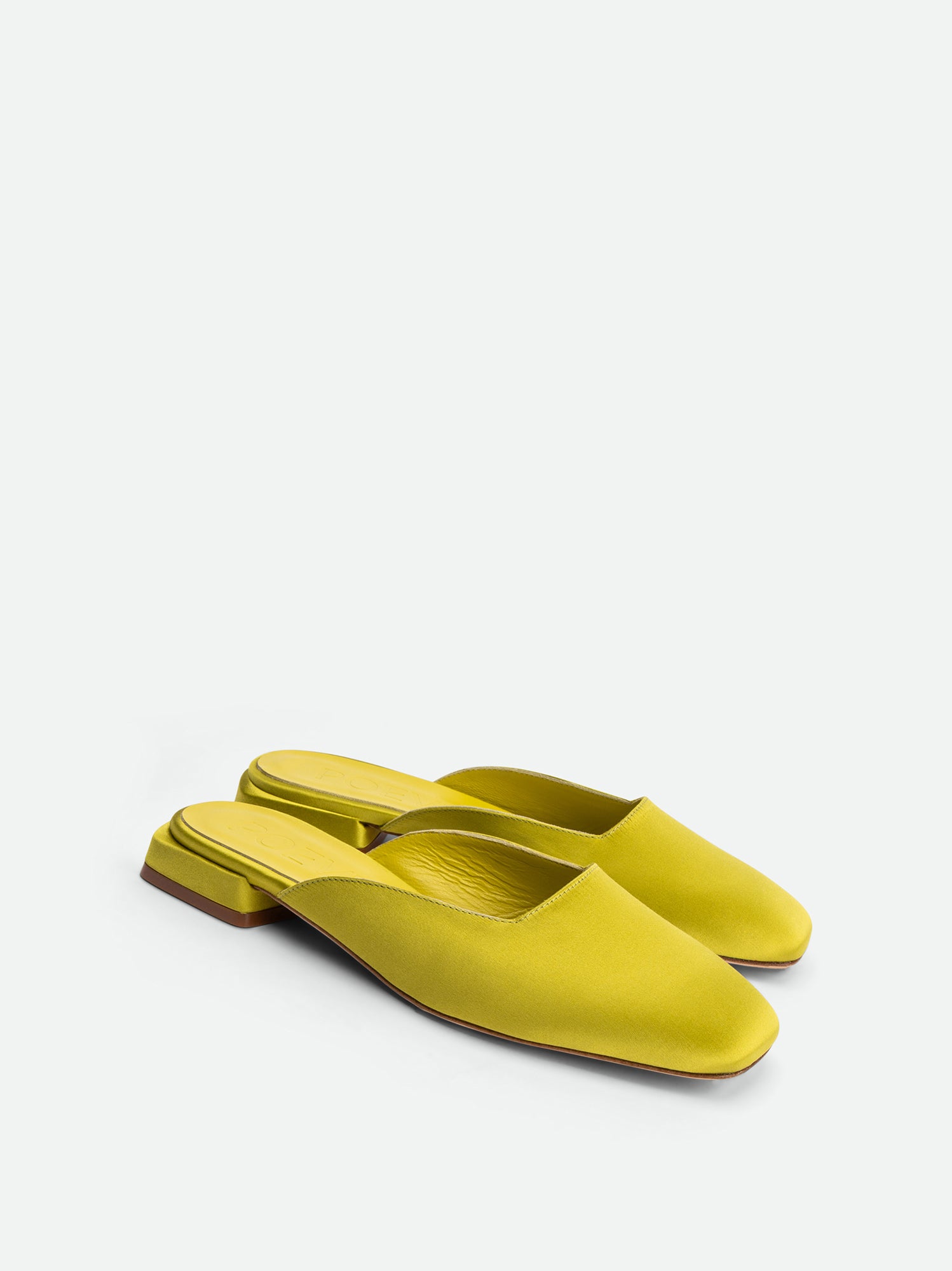 Bonnie Lime Satin Mules - Angled Side View - POEVE Collection