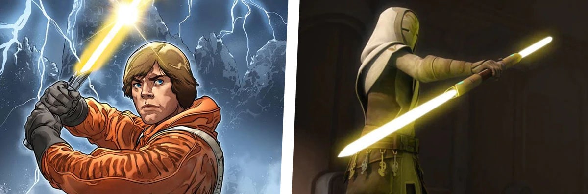 Espadas láser amarillas de Luke Skywalker y un centinela Jedi