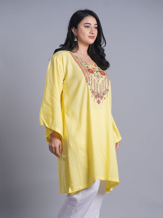 Lemon Yellow Color Kurtis Cotton kurti Fancy Kurti Women Creap Lining Patta  Kurti Embroidery Work Kurti