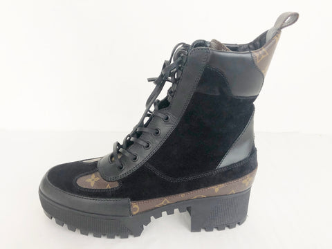 LOUIS VUITTON Size 10.5 Black Monogram Logo Leather Combat Boots