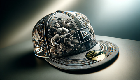 A sophisticated wide-format image showcasing a close-up of a New Era 59Fifty fitted hat in collaboration with a high-fashion brand.