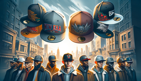 A modern and wide-format image depicting a diverse group of people wearing New Era 59Fifty fitted hats from high-fashion collaborations.