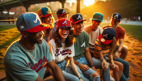 A diverse group of friends gathered in a park during golden hour, each wearing a differently colored Atlanta Braves New Era 59Fifty fitted hat. The scene is casual and vibrant, reminiscent of a summer ad campaign. They are bathed in natural sunlight with a golden hour glow, highlighting the unique color of each hat. The composition mimics a photo taken with a wide aperture for a shallow depth of field, with the friends positioned in a semi-circle, laughing and interacting. The focus is sharp on their hats and faces, while the background is softly blurred, creating a hyper-realistic and high-resolution image. Gender: Mixed group, Descent: A mix of Caucasian, Black, Hispanic, and Asian.