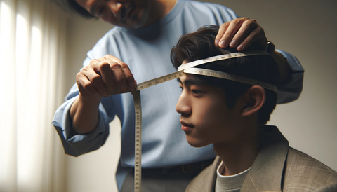 A high-quality image of one person measuring another person's head circumference with a tailor's tape measure, in preparation for fitting a hat. The setting is indoors with neutral lighting that clearly shows the measuring process. The person being measured is seated, and the person doing the measuring is leaning in with focus, ensuring an accurate measurement. The tape measure is visibly wrapped around the head just above the ears, parallel to the floor, showcasing the key step in hat sizing.
