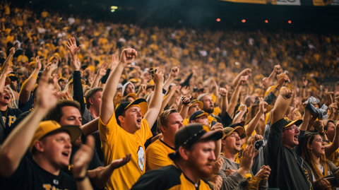 Excited Pittsburgh Pirates fans in the stands cheering.