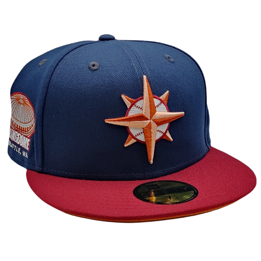 Light Navy Script Seattle Mariners Toast Visor Aqua Bottom 2001 All Star Game Side Patch New Era 59FIFTY Fitted 67/8