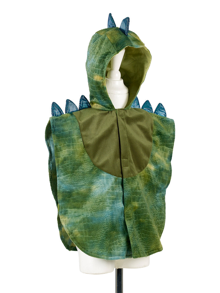 <p>Souza costume depicting a tyrannosaurus in green, textured polyester, so it looks like real dinosaur scales. On the hood, down along the back and on the shoulders, there are serrated spikes with a blue, changing effect.</p>
<p>The Souza costume is put on like a poncho, and on both sides there are elastics that can be opened with velcro. It comes with an attached hood and can be opened all the way up to the front with velcro.</p>
<h5>Specifications</h5>
<p><strong>Color</strong>: Green<br><strong>Material</strong>: 100% synthetic woven and knitted fabric<br><strong>Size</strong>: Cape length: 15.7 in<br><strong>Weight (lbs)</strong>: 0,88</p>
