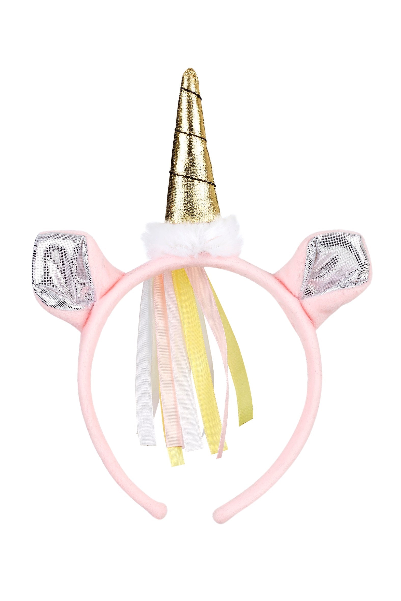 <p>Adorable Souza headband in pink with a fine unicorn horn in gold and ears in silver at the top.</p>
<p>The Souza hairband has a round head shape and decorative ribbons at the back in pink, white and yellow. The Hairband has a nice unicorn horn in metallic gold at the top and two fine ears with a metallic, silver inside. The Hairband is perfect for costume.</p>
<h5>Specifications</h5>
<p><strong>Color</strong>: Pink<br><strong>Material</strong>: Plastic-100% polyester<br><strong>Size</strong>: The Hairband measures 15 in all the way around<br><strong>Weight (lbs)</strong>: 0,11</p>
