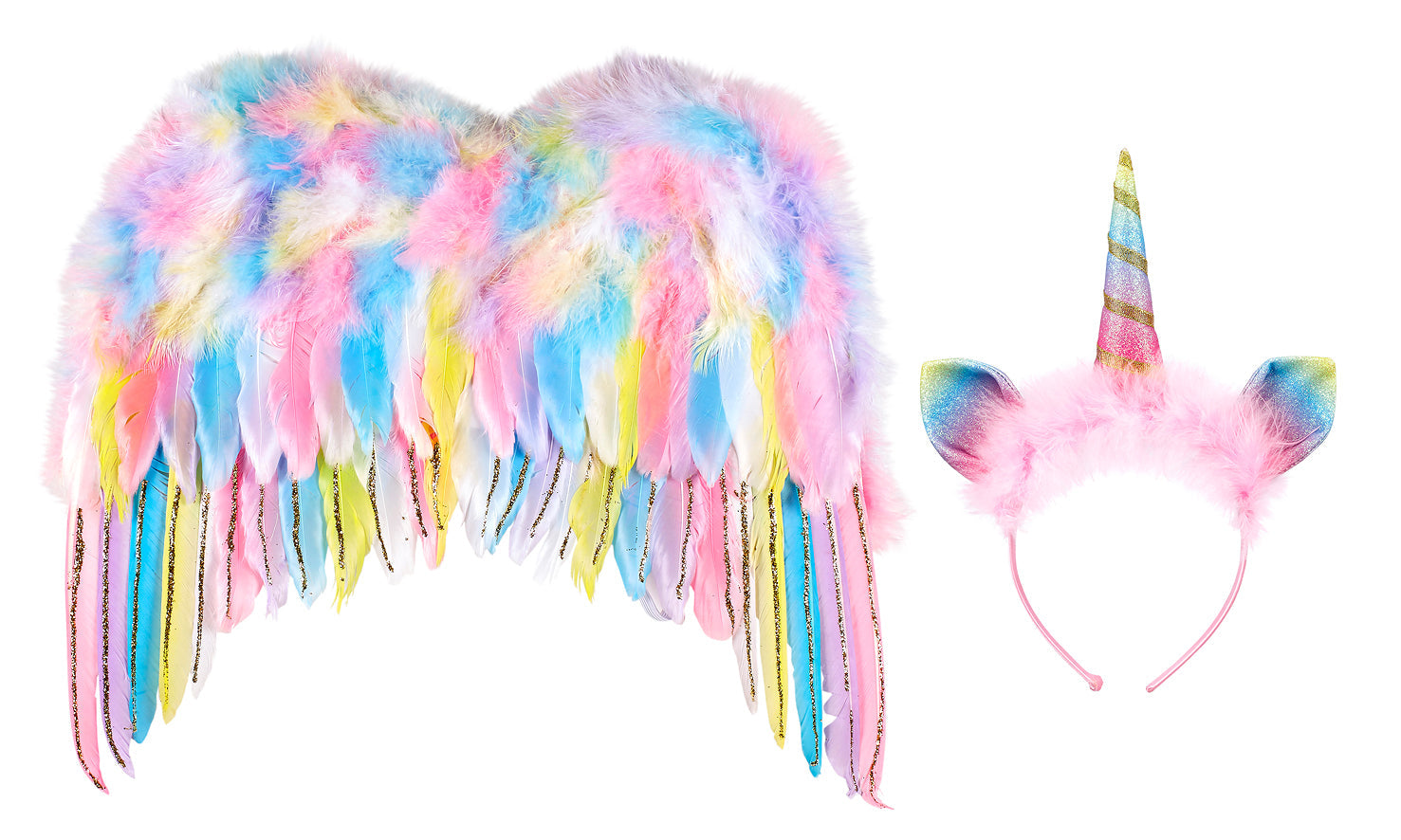 <p>Beautiful Souza costume depicting a unicorn. Included are two wings of feathers in the colors of the rainbow, where on the outside row, there are stripes of gold glitter. There is also a headband with ears and a horn in the same color as the wings. The headband also comes with rose feathery trim, giving it a beautiful look.</p>
<p>The Souza wings are worn with two wide elastics, ensuring a good and comfortable fit.</p>
<p><strong>Color</strong>: Multicolour<br><strong>Material</strong>: PU/ABS/dacron<br><strong>Size</strong>: - Headband: 13.38 inches  </p>
<ul>
<li>Wings: H: 15, W: 16.5 inches  </li>
<li>Elastics from wings: 14-19.70 inches<br><strong>Weight (lbs)</strong>: 0,242</li>
</ul>
