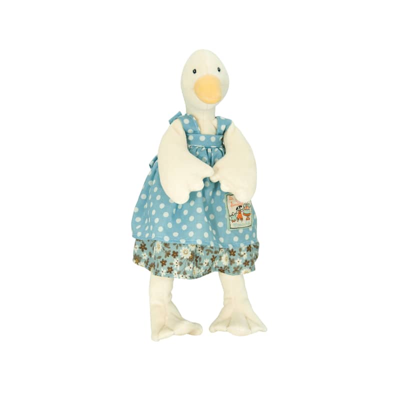 <h5>Description</h5>
<p>Jeanne the goose, is one of the multiple friends from the complete range of plushes and hand puppets available in The Big Family collection.<br>She is a soft and cuddly doll wearing a pretty blue polka-dotted dress.   </p>
<h5>Specifications</h5>
<p><strong>Color</strong>: White/Blue<br><strong>Recommended Age</strong>: 0+<br><strong>Material</strong>: 80% cotton, 20% polyester<br><strong>Size (inches)</strong>: H: 12<br><strong>Weight (lbs)</strong>: 0,17<br><strong>Care instructions</strong>: Machine washable at 30°C on wool cycle. No tumble dry.</p>
