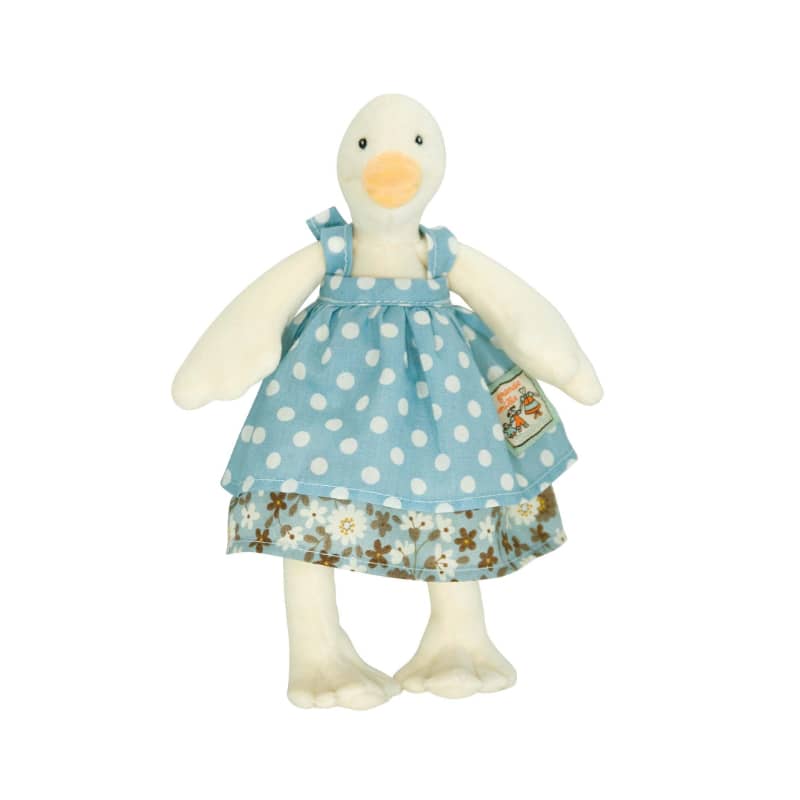 <h5>Description</h5>
<p>Jeanne the goose, is one of the multiple friends from the complete range of plushes and hand puppets available in The Big Family collection.<br>She is a small size soft and cuddly doll wearing a pretty blue polka dotted dress.  </p>
<h5>Specifications</h5>
<p><strong>Color</strong>: White/Blue<br><strong>Recommended Age</strong>: 0+<br><strong>Material</strong>: 80% cotton, 20% polyester<br><strong>Size (inches)</strong>: H: 8<br><strong>Weight (lbs)</strong>: 0,07<br><strong>Care instructions</strong>: Machine washable at 30°C on wool cycle. No tumble dry.</p>
