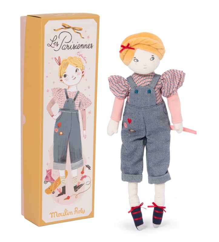 <h5>Description</h5>
<p>Intrepid Mademoiselle Eglantine from the “Parisennes” collection is hurtling through the streets of Paris on her bicycle.<br>This plush doll has her sleeves billowing in the wind with embroidered dungarees and lace-up pumps. She wears a very neat braided hairdo.<br> Mademoiselle Eglantine comes in a gift box illustrated by the designer.<br>  ##### Specifications</p>
<p><strong>Color</strong>: Multicolored<br><strong>Recommended Age</strong>: 1+<br><strong>Material</strong>: cotton, polyester, elastane, polyamid<br><strong>Size (inches)</strong>: H: 15,35<br><strong>Weight (lbs)</strong>: 0,79<br><strong>Care instructions</strong>: Machine washable at 30°C on wool cycle. No tumble dry.</p>
