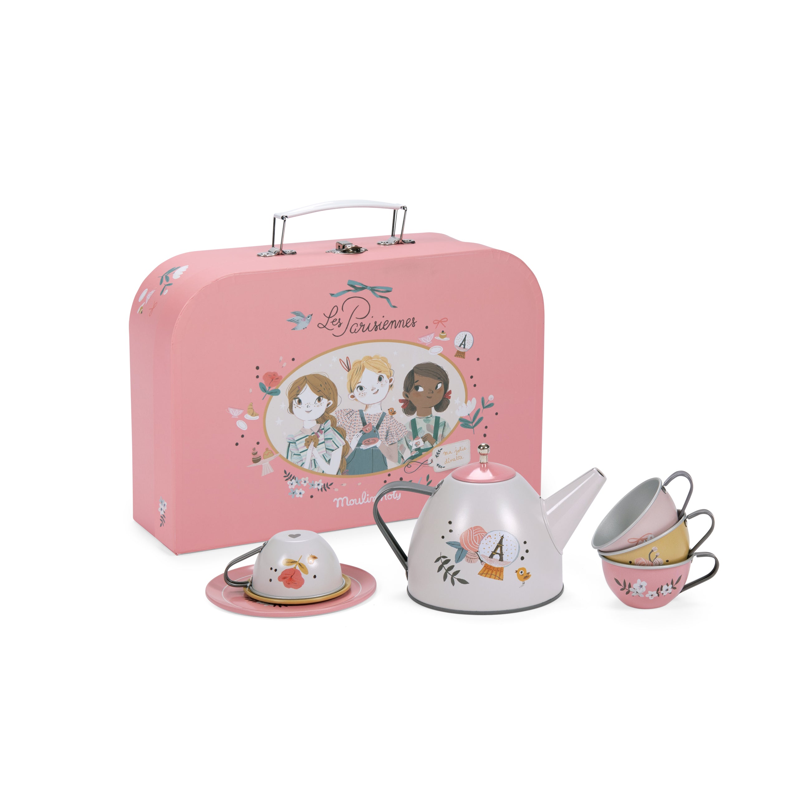 <h5>Description</h5>
<p>From the “Parisiennes” collection, this new version of the metal tea set comes in a suitcase, delicately illustrated in pastel colors with a fine floral pattern and artistic illustrations of Paris.<br>Invite your friends Madame Constance, Mademoiselle Rose and Mademoiselle Blanche to have tea and macarons.<br>This toy includes a teapot, four plates, four tea cups with their matching saucers.  
 </p>
<h5>Specifications</h5>
<p><strong>Color</strong>: Pink<br><strong>Recommended Age</strong>: 3+<br><strong>Material</strong>: Iron tin<br><strong>Size (inches)</strong>: L: 11,5 x W: 7,5<br><strong>Weight (lbs)</strong>: 1,4<br><strong>Care instructions</strong>: Hand wash. No dish-washer.</p>
