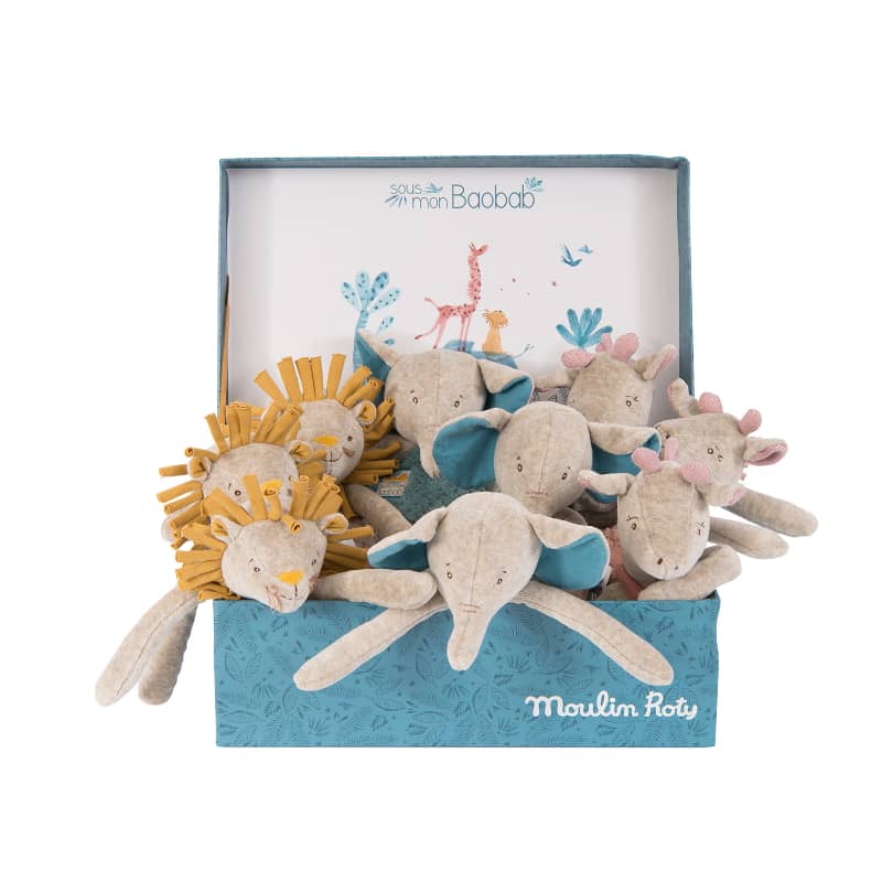 <h5>Description</h5>
<p>From Under my Baobab Tree collection, this pretty display box includes multiple plushes: three lions, three giraffes and three elephants designed as rattles.<br>The size of these stuffed toys are easy for baby to grasp and bring comfort with its cuddly fabric.</p>
<p>Minimum order requirement: 1 full display box of 9 units / price per unit  
 </p>
<h5>Specifications</h5>
<p><strong>Color</strong>: Multicolored<br><strong>Recommended Age</strong>: 0+<br><strong>Material</strong>: Cotton, polyester, elasthane, metallic fibers<br><strong>Size (inches)</strong>: L: 12 x W: 8 x H: 4<br><strong>Weight (lbs)</strong>: 1,59<br><strong>Care instructions</strong>: Machine washable at 30°C on wool cycle. No tumble dry.</p>
