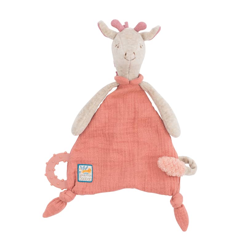 <h5>Description</h5>
<p>From Under my Baobab Tree collection, Bibiscus the Giraffe is a sweet multipurpose lovey.<br>With her lovely embroidered face, her head is designed like a stuffed toy.<br>The cuddly velvet body part includes a tail strap to secure the pacifier and a rubber ring teether on the side to ease the pain of baby&#39;s first teeth.<br>  ##### Specifications</p>
<p><strong>Color</strong>: Pink<br><strong>Recommended Age</strong>: 0+<br><strong>Material</strong>: Cotton, polyester, metallic fibers<br><strong>Size (inches)</strong>: H: 14<br><strong>Weight (lbs)</strong>: 0,08<br><strong>Care instructions</strong>: Machine washable at 30°C on wool cycle. No tumble dry.</p>
