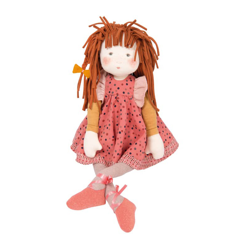 <h5>Description</h5>
<p>The beautiful Rosalies collection is designed to play but will also fit perfectly in an enchanted decor.<br>Anémone is a large sized rag doll with a soft face delicately illustrated and printed, and long red hair in rolled jersey.<br>She wears a pink dress with multicolored polka dots and ruffles on the shoulders.<br>Ready for ballet, she has point shoes with with satin ribbons.<br>  ##### Specifications</p>
<p><strong>Color</strong>: Pink<br><strong>Recommended Age</strong>: 18m+<br><strong>Material</strong>: cotton, polyester, lurex, linen, viscose<br><strong>Size (inches)</strong>: H: 23<br><strong>Weight (lbs)</strong>: 0,57<br><strong>Care instructions</strong>: Machine washable at 30°C on wool cycle. No tumble dry.</p>
