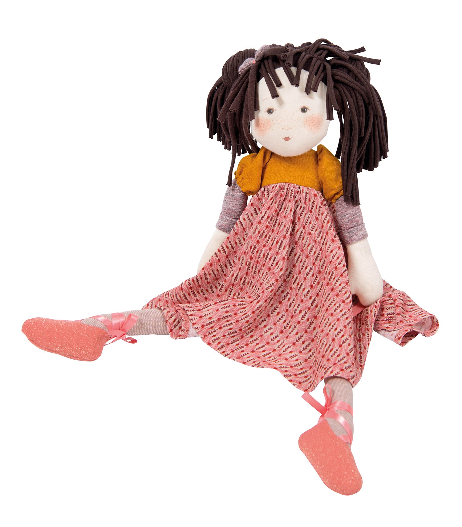 <h5>Description</h5>
<p>The beautiful Rosalies collection is designed to play but will also fit perfectly in an enchanted decor.<br>New in 2023, Prunelle is a medium sized rag doll with a soft face delicately illustrated and printed, and long dark hair in rolled jersey.<br>She wears a printed multicolored pink dress with safran top and ruffles on the shoulders.<br>Ready for ballet, she has point shoes with with satin ribbons.  </p>
<h5>Specifications</h5>
<p> <strong>Color</strong>: Pink<br><strong>Recommended Age</strong>: 10m+<br><strong>Material</strong>: cotton, Polyester, lurex, linen, viscose<br><strong>Size (inches)</strong>: L: 6 x W: 9 x H: 5<br><strong>Weight (lbs)</strong>: 0,43<br><strong>Care instructions</strong>: Machine washable at 30°C on wool cycle.No tumble dry.</p>
