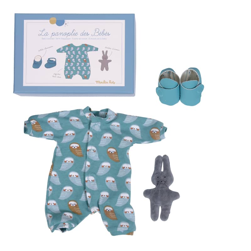 <h5>Description</h5>
<p>Nighty night, sleep tight, don’t let the bed bugs bite…. Our two babies need to sleep!<br>They are wearing a coton pyjama with an adorable owl design and turquoise faux leather booties.<br>They will cuddle the miniature stuffed toy, a rabbit lovey.<br>  ##### Specifications</p>
<p><strong>Color</strong>: Blue<br><strong>Recommended Age</strong>: 2+<br><strong>Material</strong>: cotton, polyester, elastane, polyurethane<br><strong>Size (inches)</strong>: L: 8 x W: 11<br><strong>Weight (lbs)</strong>: 0,04<br><strong>Care instructions</strong>: Machine washable at 30°C on wool cycle. No tumble dry.</p>
