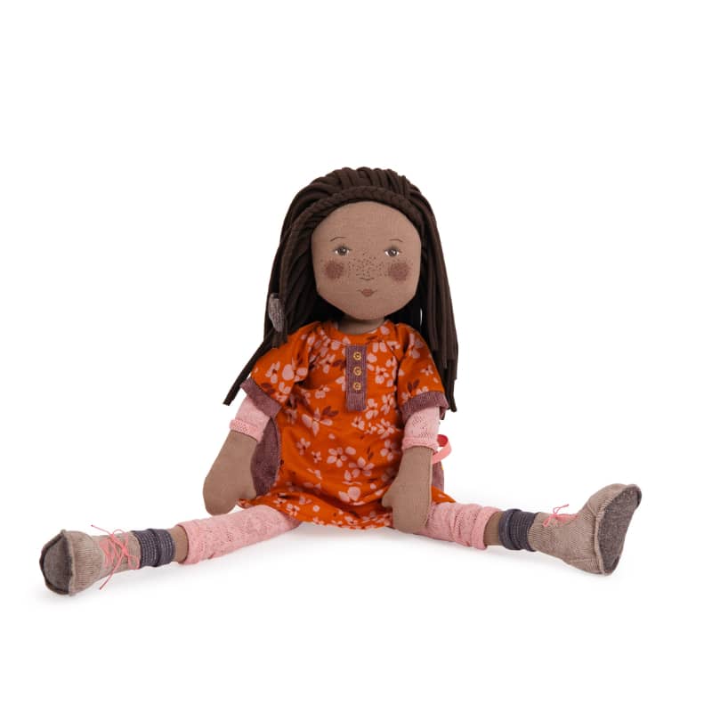 <h5>Description</h5>
<p>The beautiful Rosalies collection is designed to play but will also fit perfectly in an enchanted decor.<br>Camelia is a small size rag doll with a soft face delicately illustrated and printed with long brown hair in rolled jersey.<br>She wears an orange dress with a floral pattern and a pair of pink leggings.<br>Ready to play outdoor with her pair of brown laced boots.<br>  ##### Specifications</p>
<p><strong>Color</strong>: Multicolored<br><strong>Recommended Age</strong>: 10m+<br><strong>Material</strong>: Cotton, polyester, elasthane, polyamide, metallic fibers<br><strong>Size (inches)</strong>: H: 17,72<br><strong>Weight (lbs)</strong>: 0,43<br><strong>Care instructions</strong>: Machine washable at 30°C on wool cycle. No tumble dry.</p>
