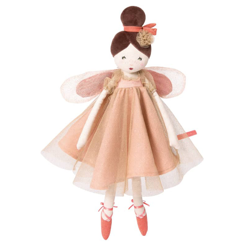 <h5>Description</h5>
<p>Enchanted Fairy from Once upon a time collection, is a graceful and glittering dancer.<br>This rag doll is made of chambray fabric with a delicate embroidered and screen-printed face.<br>She is dressed in a powder-pink cotton dress with a sparkly tulle voile.<br>Her pirouettes will be impeccable with her fairy wings and delightful little ballet pointe shoes with satin ribbon laces!   
 </p>
<h5>Specifications</h5>
<p><strong>Color</strong>: Pink<br><strong>Recommended Age</strong>: 10m+<br><strong>Material</strong>: cotton, polyester, lurex, polyamide<br><strong>Size (inches)</strong>: H: 18<br><strong>Weight (lbs)</strong>: 0,22<br><strong>Care instructions</strong>: Machine washable at 30°C on wool cycle. No tumble dry.</p>
