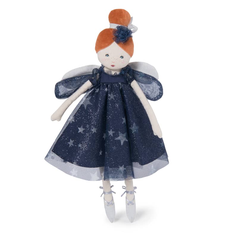 <h5>Description</h5>
<p>Celeste the Fairy from Once Upon a Time collection, appears as a shining star, dancing through the air.<br>This rag doll is made of chambray fabric with a delicate embroidered and screen-printed face.<br>She is dressed in a midnight blue dress trimmed with glittery tulle featuring stars.<br>Her pirouettes will be impeccable with her fairy wings and delightful silver ballet pointe shoes with satin ribbon laces!<br>  ##### Specifications</p>
<p><strong>Color</strong>: Blue<br><strong>Recommended Age</strong>: 10m+<br><strong>Material</strong>: Cotton, polyester, metallic fibers<br><strong>Size (inches)</strong>: H: 17,72<br><strong>Weight (lbs)</strong>: 0,22<br><strong>Care instructions</strong>: Machine washable at 30°C on wool cycle. No tumble dry.</p>
