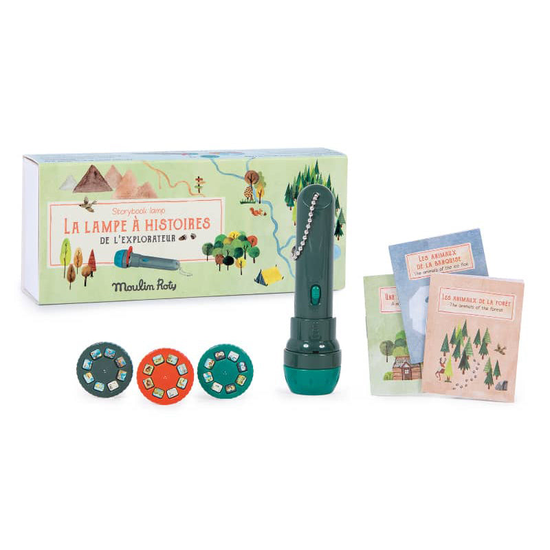 <h5>Description</h5>
<p>In the wide range of Moulin Roty’s garden collection, it is story telling time! Here&#39;s a toy flashlight that projects fabulous bed time stories on the wall by inserting one of the three different discs included. They propose tales of the great outdoors and also teach names of animals. They come in both English and French with the three mini books included. Colorful and delicate illustrations that lead to a sweet and enchanted sleep.</p>
<p>Minimum order requirement: 1 Display box with 6 units / price per unit</p>
<h5>Specifications</h5>
<p><strong>Color</strong>: Multicolored<br><strong>Recommended Age</strong>: 4+<br><strong>Material</strong>: Plastic ABS<br><strong>Size (inches)</strong>: L: 7 x W: 3<br><strong>Weight (lbs)</strong>: 0,14<br><strong>Care instructions</strong>: Washable with a soft and damp cloth.</p>
