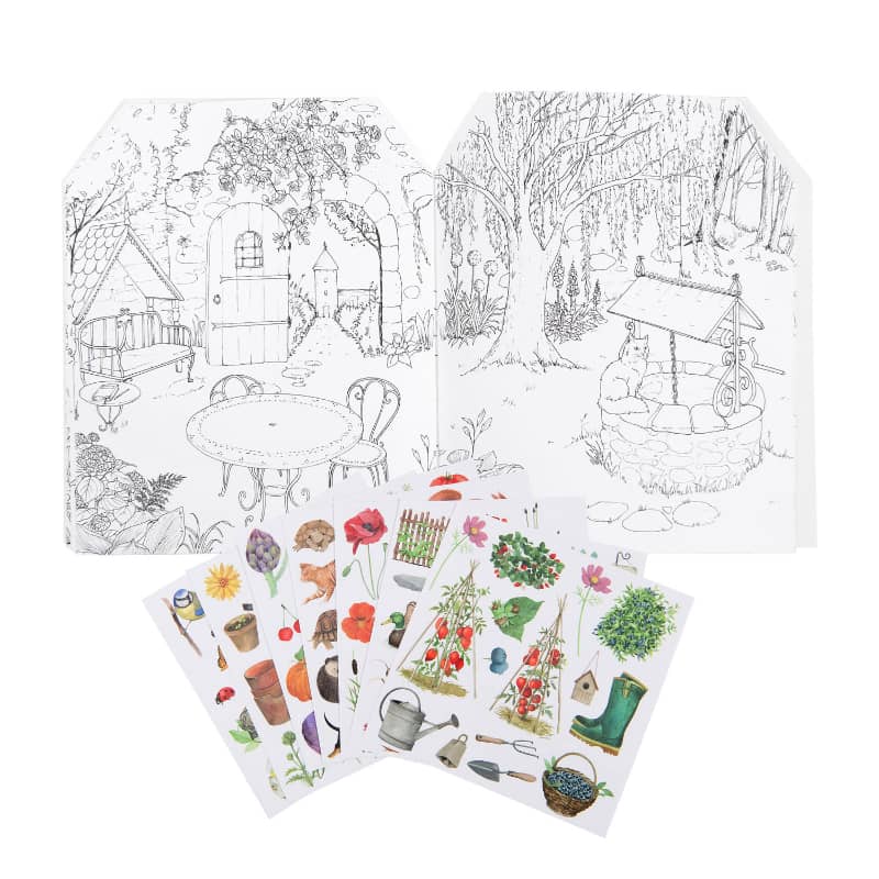 <h5>Description</h5>
<p>In the wide range of toys and from Moulin Roty’s garden collection, this garden theme coloring book also offers 120 stickers.<br>Your child will stroll amongst the vegetable patch, pond or flowers to observe life in the garden and color it in.<br>With the stickers, more flowers, baskets, pets, can be added…<br>Whatever your little one’s creativity dictates!</p>
<p>Minimum order requirement: 1 Box with 6 units / price per unit  
 </p>
<h5>Specifications</h5>
<p><strong>Color</strong>: Multicolored<br><strong>Recommended Age</strong>: 3+<br><strong>Material</strong>: Printed paper<br><strong>Size (inches)</strong>: L: 9 x W: 11<br><strong>Weight (lbs)</strong>: 0,46</p>
