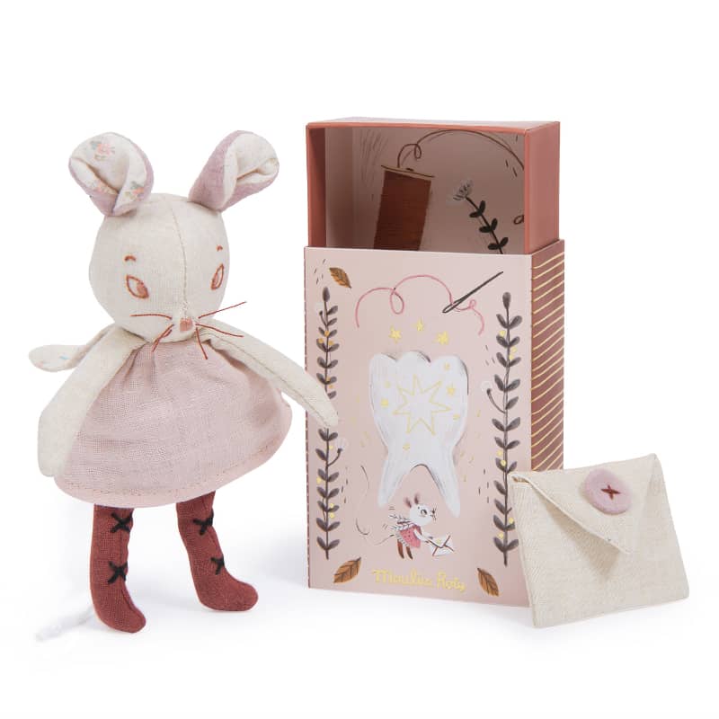 <h5>Description</h5>
<p>From After the Rain collection, this little stuffed toy is designed as the tooth fairy mouse.<br>She holds an envelope with a floral design inside, perfect for keeping baby’s teeth!<br>She features a delicate embroidered face and super soft velvet ears and is wearing a linen dress with wings at the back.<br>It comes with a beautifully illustrated gift box.<br>  ##### Specifications</p>
<p><strong>Color</strong>: Pink<br><strong>Recommended Age</strong>: 3+<br><strong>Material</strong>: cotton, polyester, linen, cardboard<br><strong>Size (inches)</strong>: H: 6,69<br><strong>Weight (lbs)</strong>: 0,04<br><strong>Care instructions</strong>: Machine washable at 30°C on wool cycle. No tumble dry.</p>
