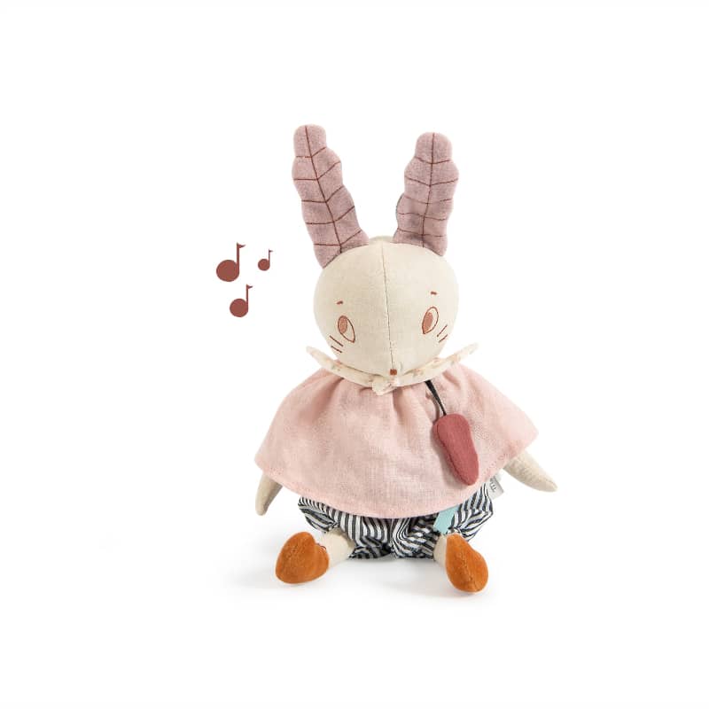 <h5>Description</h5>
<p>Lune the Rabbit from After the Rain collection, is a stuffed musical toy that displays Japanese nursery tunes.<br>She has a lovely embroidered face, large fleecy ears and is dressed in striped bloomers with a pink linen blouse.<br>She sits nearby the crib, displaying a sweet melody from the music box hidden inside the body part.<br>Your baby will soon feel soothed and be lulled to sleep.<br>  ##### Specifications</p>
<p><strong>Color</strong>: Multicolored<br><strong>Recommended Age</strong>: 0+<br><strong>Material</strong>: cotton, polyester, linen, plastic<br><strong>Size (inches)</strong>: L: 14,17<br><strong>Weight (lbs)</strong>: 0,35<br><strong>Care instructions</strong>: Machine washable at 30°C on wool cycle.No tumble dry.Musical box to be removed before washing.</p>
