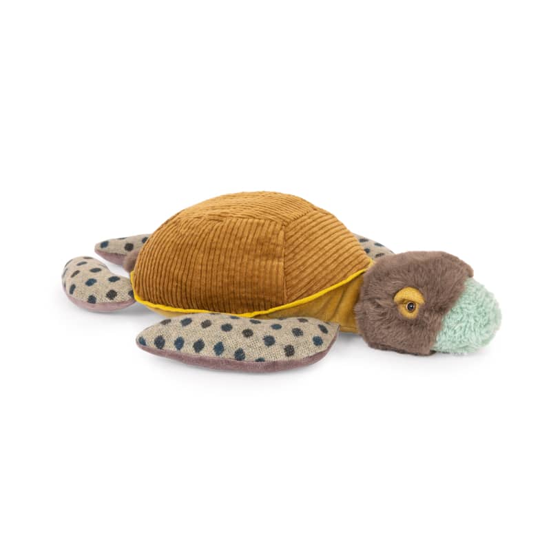 <h5>Description</h5>
<p>From All Around the World collection, Small Turtle is a plush with a gold corduroy velvet shell.<br>He stretches his polka dot fins for his daily stroll.<br>His ocean-blue eyes with yellow glitter lids remind us of how gentle he is.<br>He invites us into the depths of the ocean to meet different attracting and friendly species!<br>  ##### Specifications</p>
<p><strong>Color</strong>: Multicolored<br><strong>Recommended Age</strong>: 0+<br><strong>Material</strong>: cotton, polyester, linen, metallic fibers<br><strong>Size (inches)</strong>: H: 14,17<br><strong>Weight (lbs)</strong>: 0,22<br><strong>Care instructions</strong>: Machine washable at 30°C on wool cycle. No tumble dry.</p>
