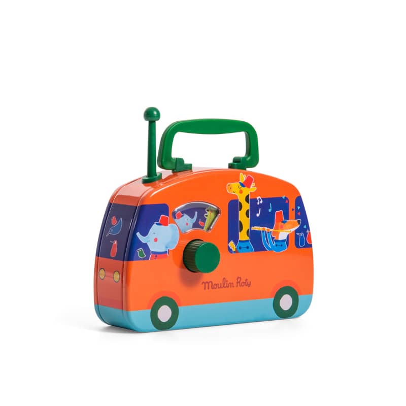 <h5>Description</h5>
<p>This Metal Toy collection was designed because tin toys are timeless and can be kept like treasures!<br>This metal bus shape “radio” is decorated with a cheery and colorful animal brass band!<br>Your child simply needs to turn the dial to hear it play and watch them march past the little window.<br>  ##### Specifications</p>
<p><strong>Color</strong>: Multicolored<br><strong>Recommended Age</strong>: 18m+<br><strong>Material</strong>: Tinplate, plastics PP-GPPS<br><strong>Size (inches)</strong>: L: 8 x W: 6<br><strong>Weight (lbs)</strong>: 0,73</p>
