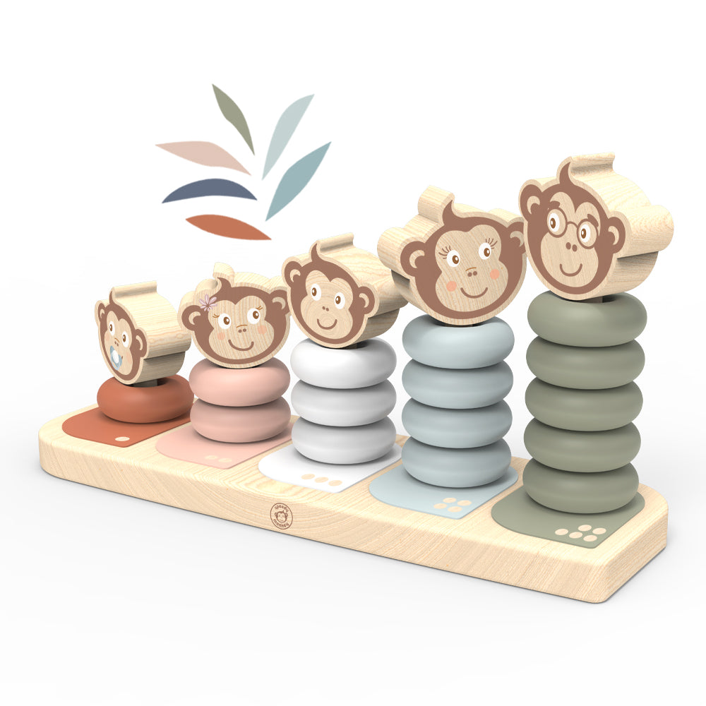 <h5>Description</h5>
<p>Come to build and play with our happy monkey family!<br>It features five cute stackable monkeys with distinctive features to identify the father, mother, brother, sister and baby. Each of the stacking poles is secured.<br>Your little one will learn to assemble and count with different sizes and colors.<br>Ideal for developing creativity and dexterity.<br>This toy is crafted from sustainably sourced wood from FSC® certified forests. Presented in a beautiful gift box.  </p>
<h5>Specifications</h5>
<p> <strong>Color</strong>: multicolor<br><strong>Recommended Age</strong>: 12+ months<br><strong>Material</strong>: wood<br><strong>Size (inches)</strong>: L: 10 x W: 3 x H: 5<br><strong>Weight (lbs)</strong>: 1,27<br><strong>Care instructions</strong>: Clean only with a damp cloth. Do not use detergents.</p>
