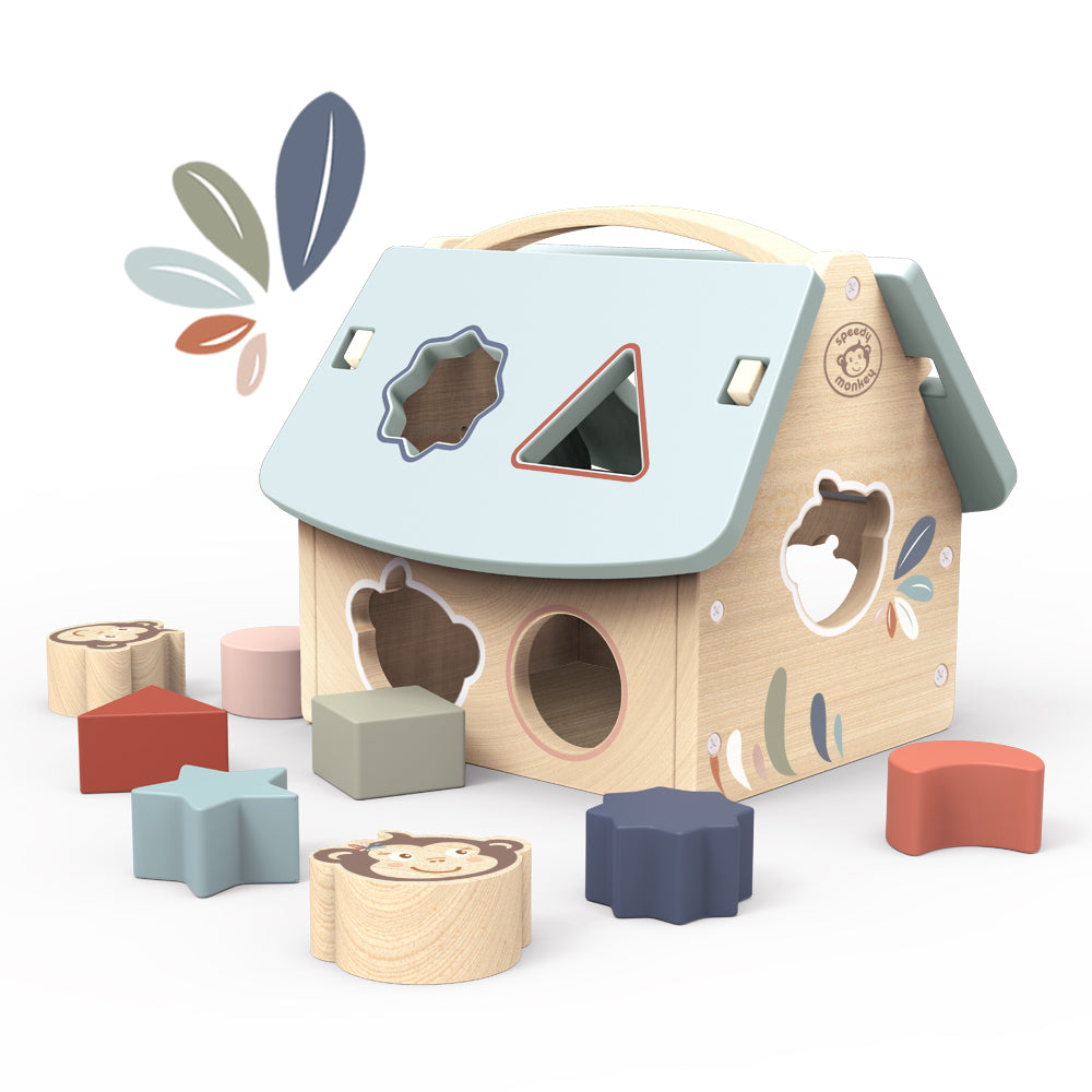 <h5>Description</h5>
<p>This house shape sorter will fascinate your little one with the different colors, shapes and favorite character, the monkey.<br>This wooden toy comes with eight delightfully patterned blocks. Quickly, your little one will learn how to push the blocks through the different-shaped slots. He will then open the light blue roof of the house to retrieve them. A classic early learning toy for toddlers including building, stacking, sorting and counting.<br>This toy is crafted from sustainably sourced wood from FSC® certified forests. Presented in a beautiful gift box.  </p>
<h5>Specifications</h5>
<p> <strong>Color</strong>: multicolor<br><strong>Recommended Age</strong>: 12+ months<br><strong>Material</strong>: wood<br><strong>Size (inches)</strong>: L: 8 x W: 7 x H: 7<br><strong>Weight (lbs)</strong>: 2,05<br><strong>Care instructions</strong>: Clean only with a damp cloth. Do not use detergents.</p>
