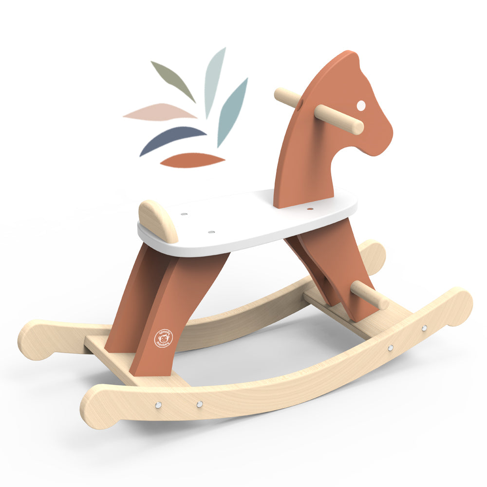 <h5>Description</h5>
<p>This rocking horse is definitely trendy with its vintage design!<br>With the handrails, children can rock this wooden horse forward as well as backward steadily.<br>The achievable height allows your little one to step down whenever they want with no apprehension. A lower back rack is mounted close to horse tail in order to hold the toddler on position when they rock backward.<br>The structure is sturdy and not too heavy for small kids to rock on their own.<br>This toy is crafted from sustainably sourced wood from FSC® certified forests. Presented in a beautiful gift box.  </p>
<h5>Specifications</h5>
<p> <strong>Color</strong>: multicolor<br><strong>Recommended Age</strong>: 12+ months<br><strong>Material</strong>: wood<br><strong>Size (inches)</strong>: L: 31 x W: 11 x H: 21<br><strong>Weight (lbs)</strong>: 12,1<br><strong>Care instructions</strong>: Clean only with a damp cloth. Do not use detergents.</p>
